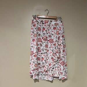 Robert Louis Pink Floral Midi Skirt Ruffle Elastic Waistband Size Large